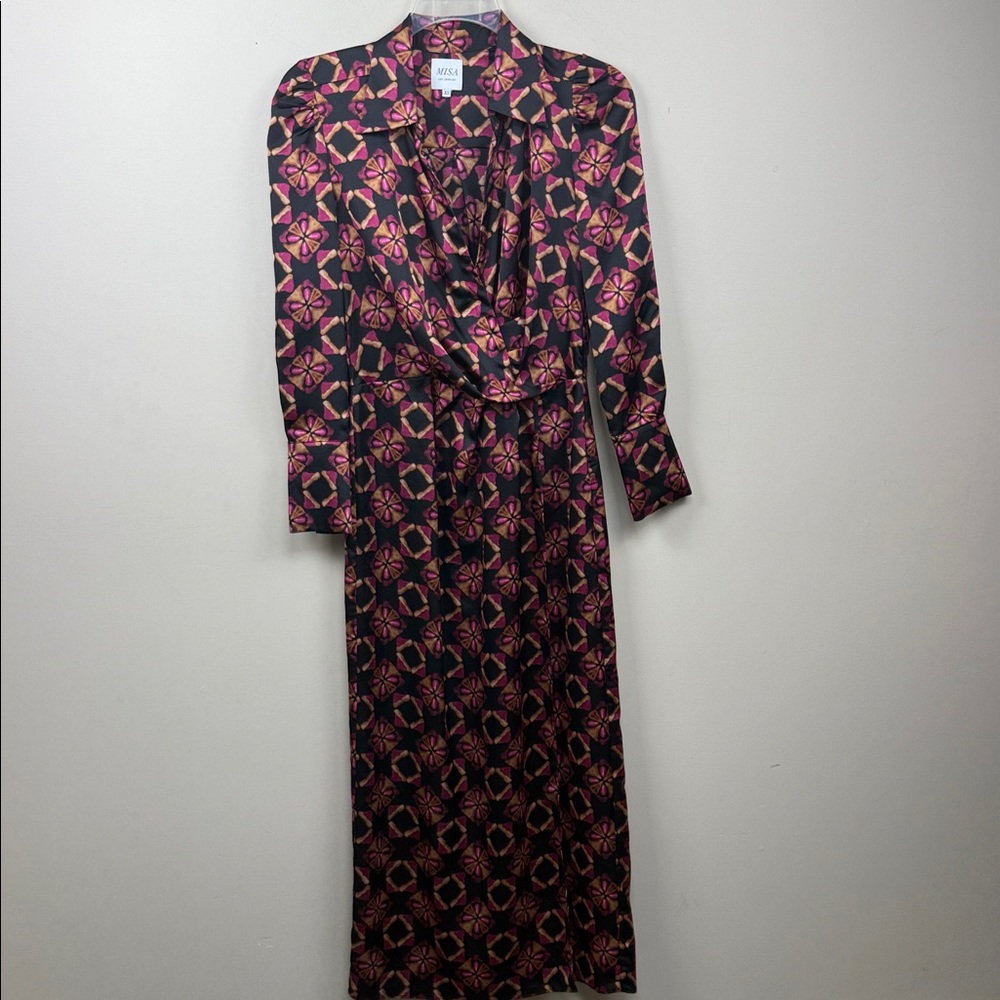 Misa Los Angeles X Anthropologie silky long sleeve abstract print Maxi with slit - Picture 3 of 11